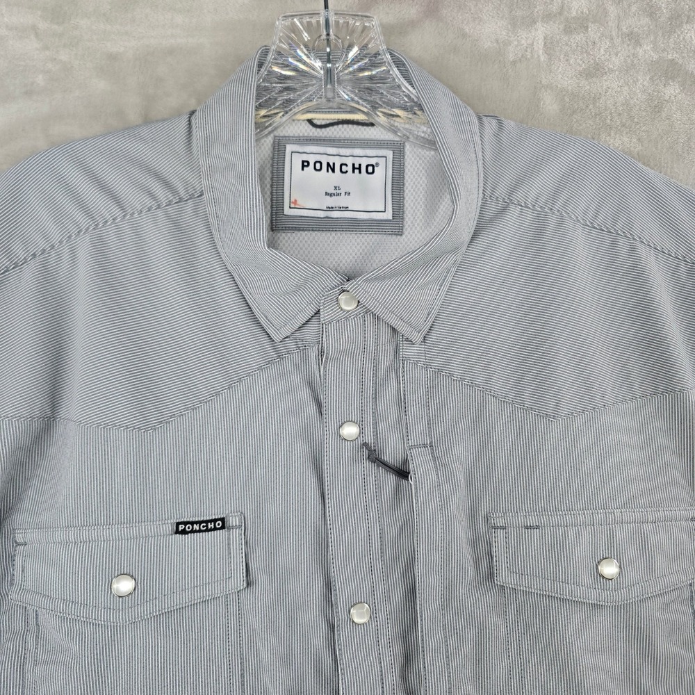 Poncho Shirt Mens XL Gray Pinstripe Short Sleeve Western Pearl Snap Performance